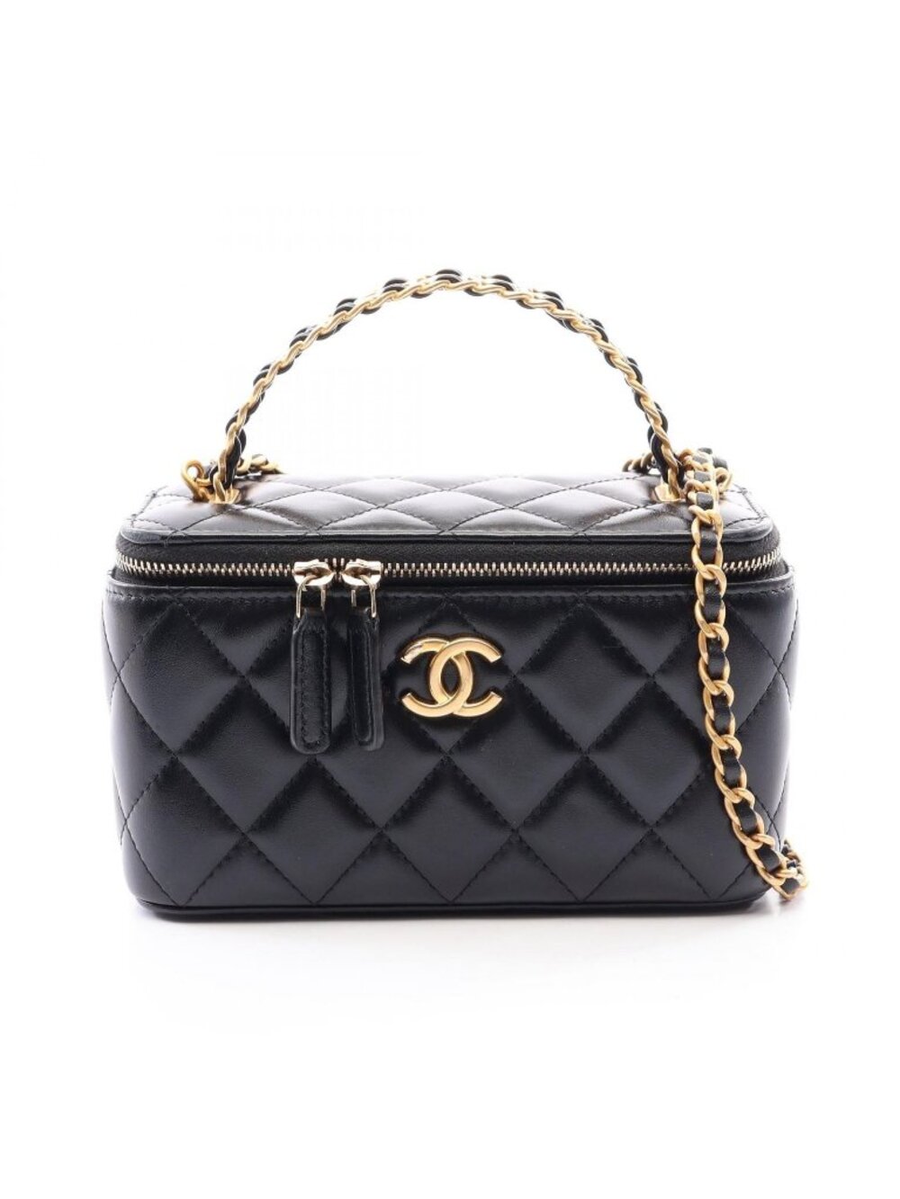 Chanel Shoulder Bag Quilted Vanity 2-Way Black Leather Top Handle
